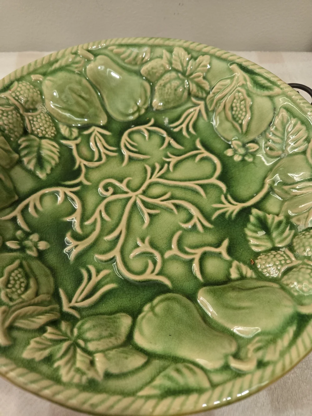 VintageGreen Round Floral Ceramic Tray 15 in w/ Black Metal Stand Handles Glossy